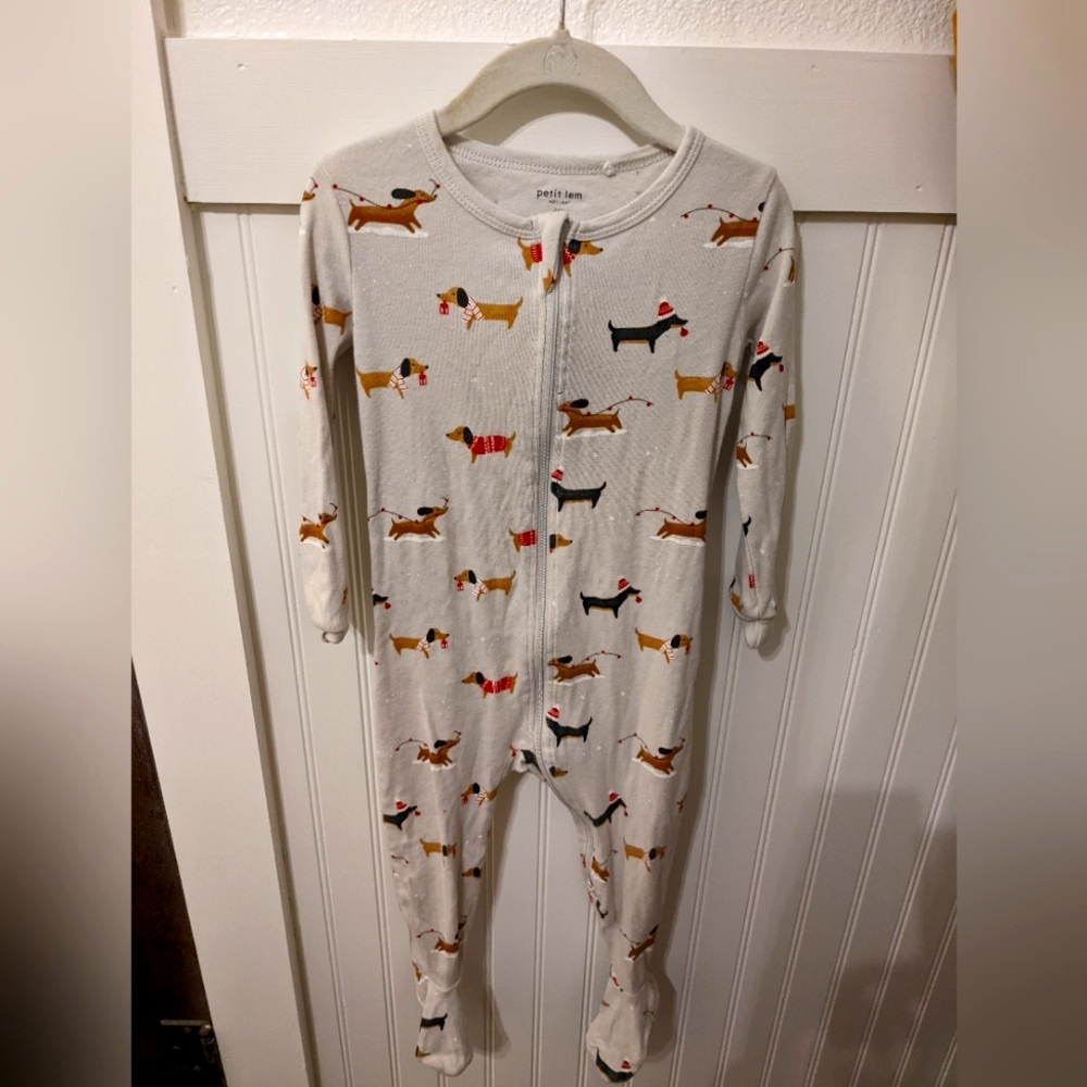 Petit Lem Dog Print Footie - Cream